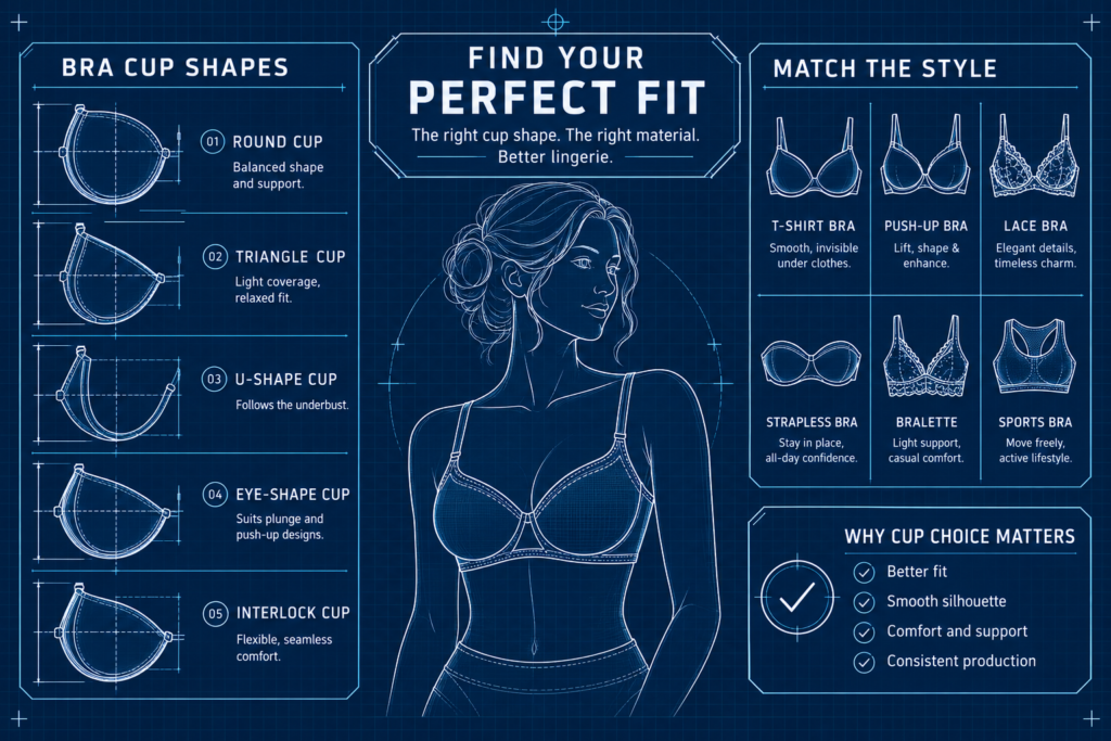 Technical infographic explaining bra cup shapes and lingerie styles.